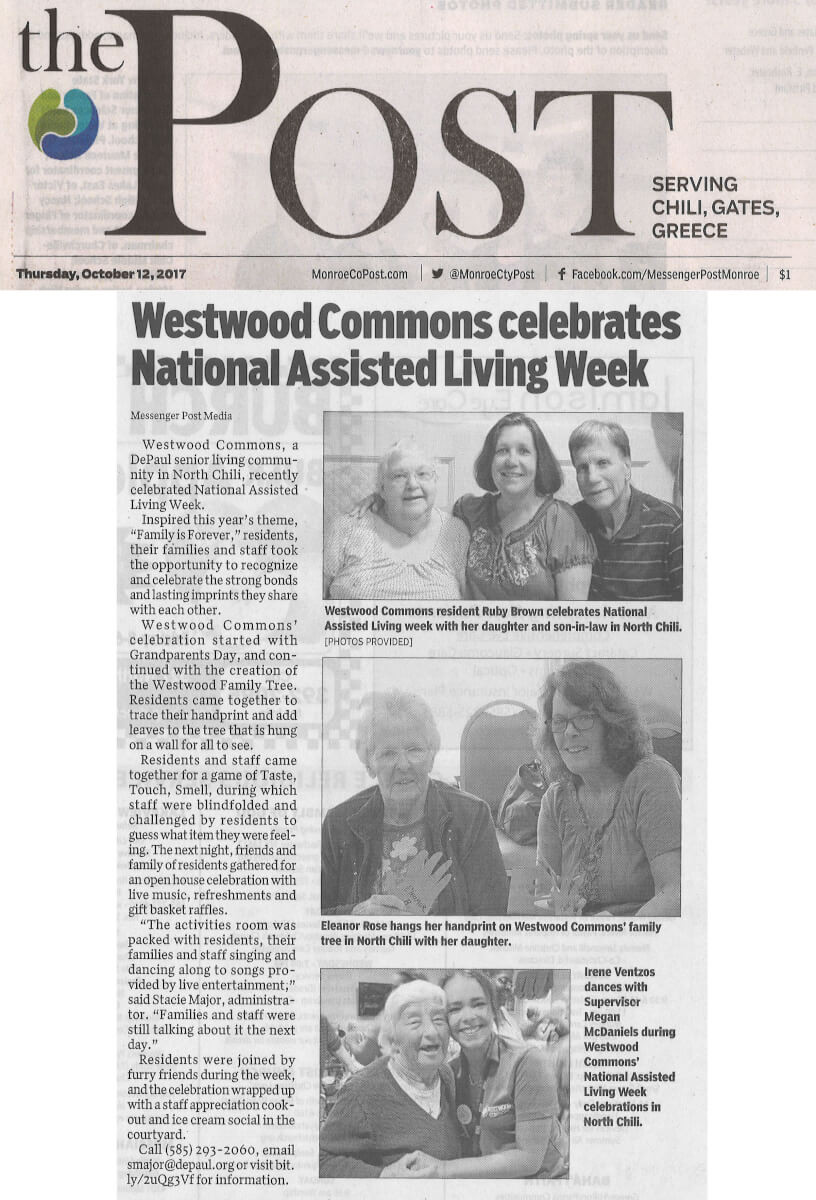 Westwood Commons celebrates National Assisted Living Week, story in the Post October 12, 2017