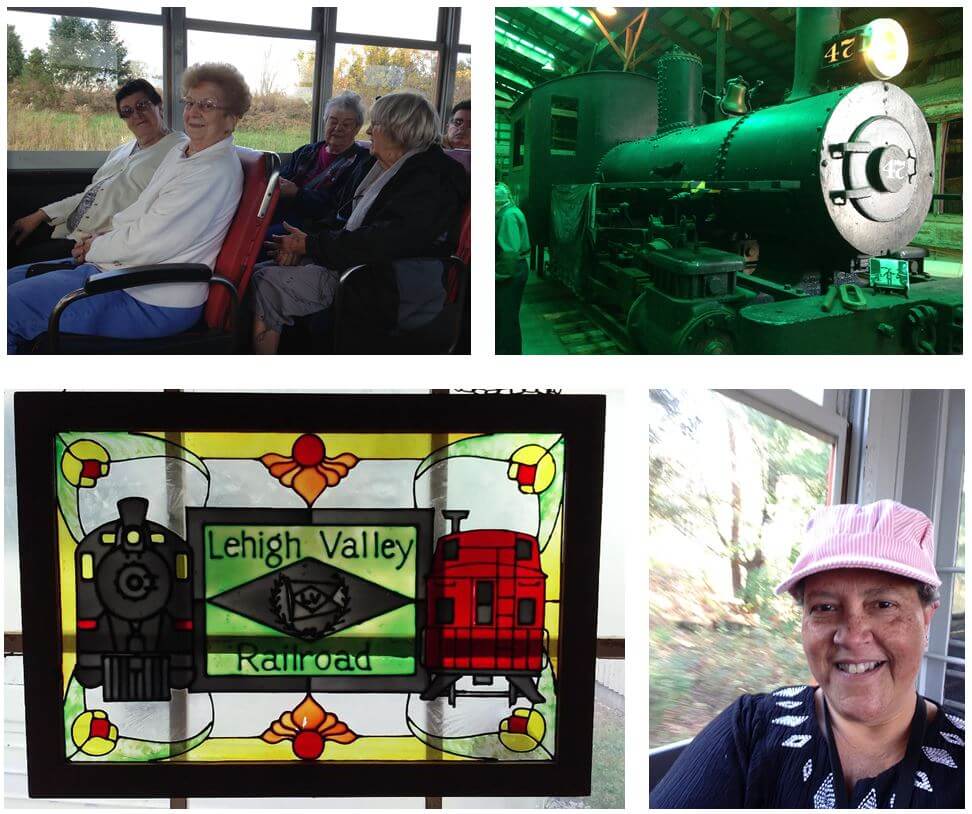 Horizons residents  Pearl Osterman, Pat LaBell, Shirley Carr and Alice McArdle, and Resident Care Director Kimberlee Patterson-Brown enjoy a ride on a trolley at the New York State Transportation Museum in Rush.