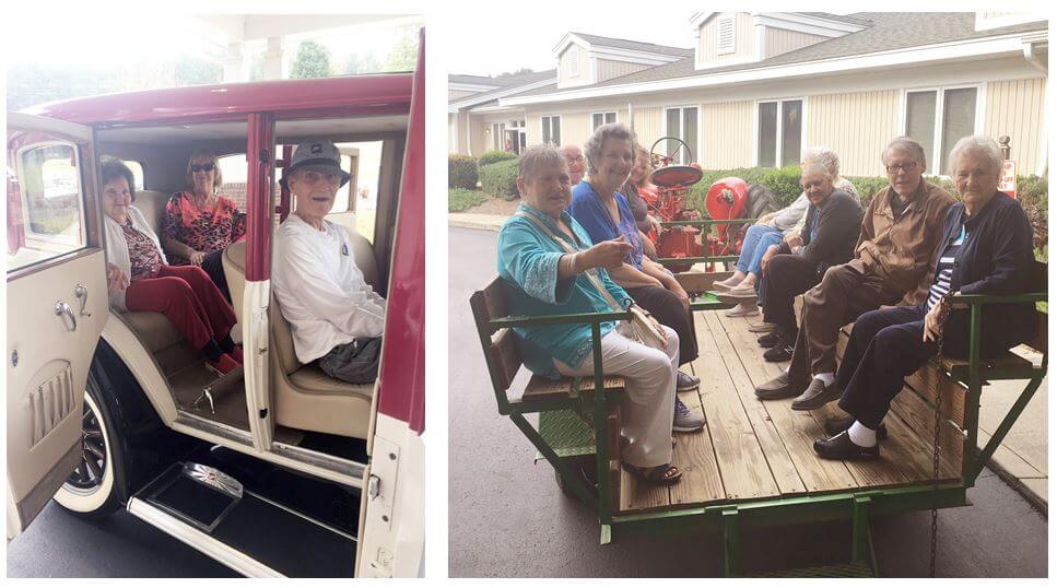 Woodridge residents Eugene Anderson and Carolyn Hinson enjoy a ride in a 1929 Buick that belongs to J.C. Page and Kerry Dill, Gloria King, Judith Cairns, Eddie Craig, Bea Brantley, Betty Broome, Jackie Massey, Oliver Moore, Mary Derrick load into a 1948 Farmall H tractor that belongs to Ben Wyant of the Union County Antique Tractor Club