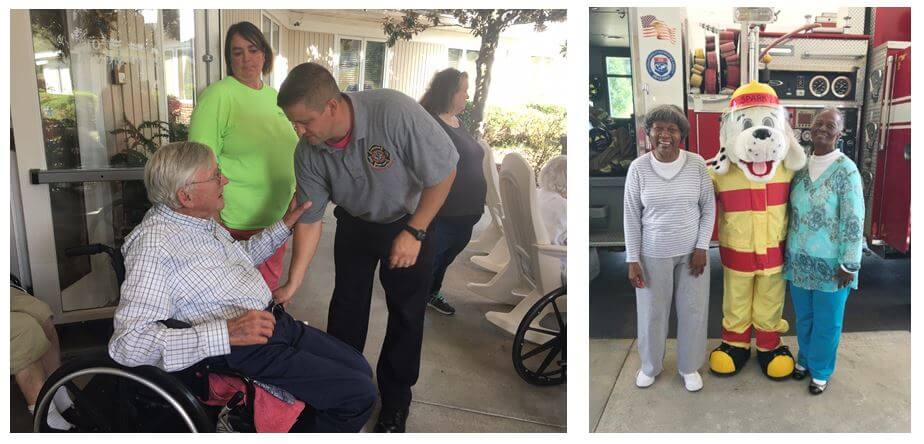 Woodridge resident Ted Eubanks talks with Fire Fighter Alan Burkitt during a recent visit from the Monroe Fire Department, while Alma Anthony and Patricia Coffey visit with the Monroe Fire Department’s mascot Sparky