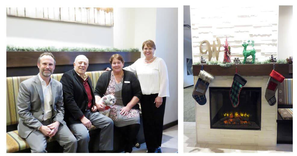 SWBR Principal Architect Joe Gibbons, DePaul Board Member Gerald Scott, Wheatfield Commons Administrator Kathy Hyland, and DePaul Senior Living Regional Director Tanya MacNaughton, along with Ruby, Wheatfield Commons’ official mascot.