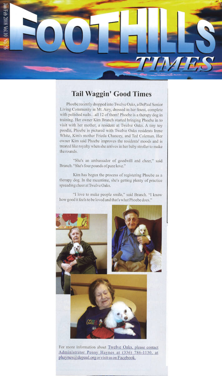 Phoebe the Therapy Dog visits Twelve Oaks Assisted Living article in the Foothills Times