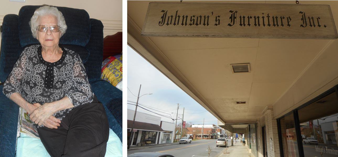 Laura Johnson and a photo of her furniture store. 