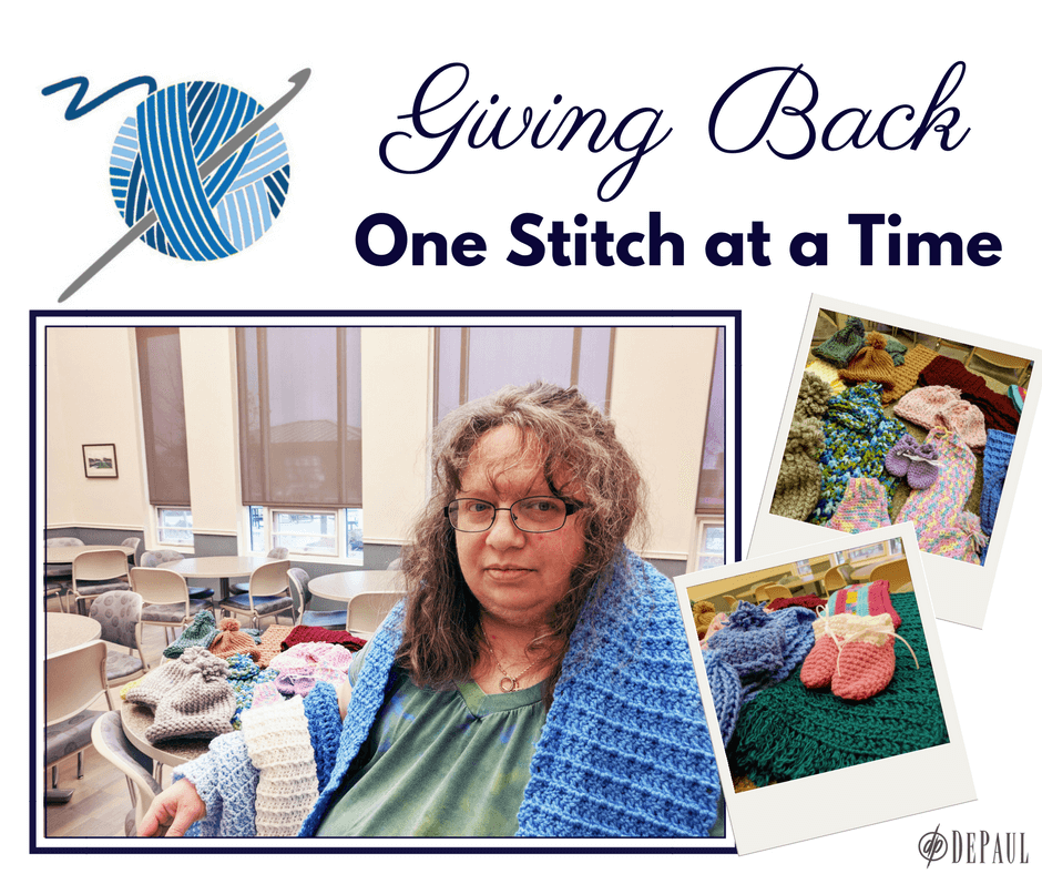 Giving Back One Stitch at a Time Trolley Station Craft Club Graphic with photos of a crafter and her handmade items 