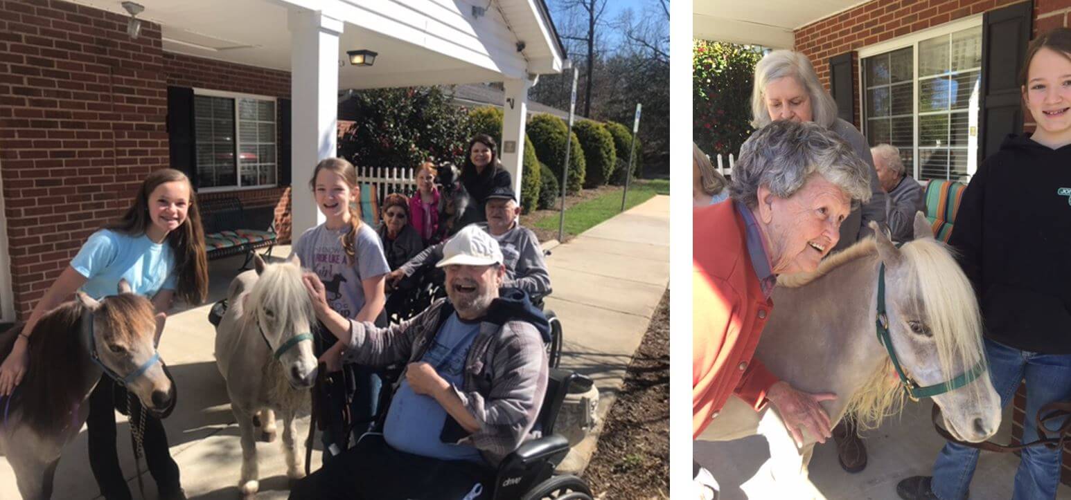  Cambridge House residents Lois Wiggins, Dale Wiggins, John Farthing, stable owner Carolyn Walker and youth volunteers Lyndsey Rushing and Sara Pollock, along with miniature horses Aladdin and Magic and Bandit the pygmy goat