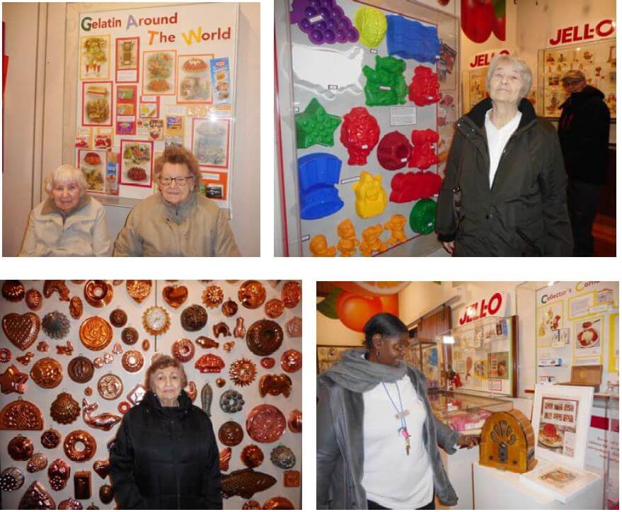 Westwood Commons residents Florence Michaloski and Mary Light; Joyce Vembre; Lucy Giglio and Activities Director Cathy Toney at the Jell-O Museum Gallery