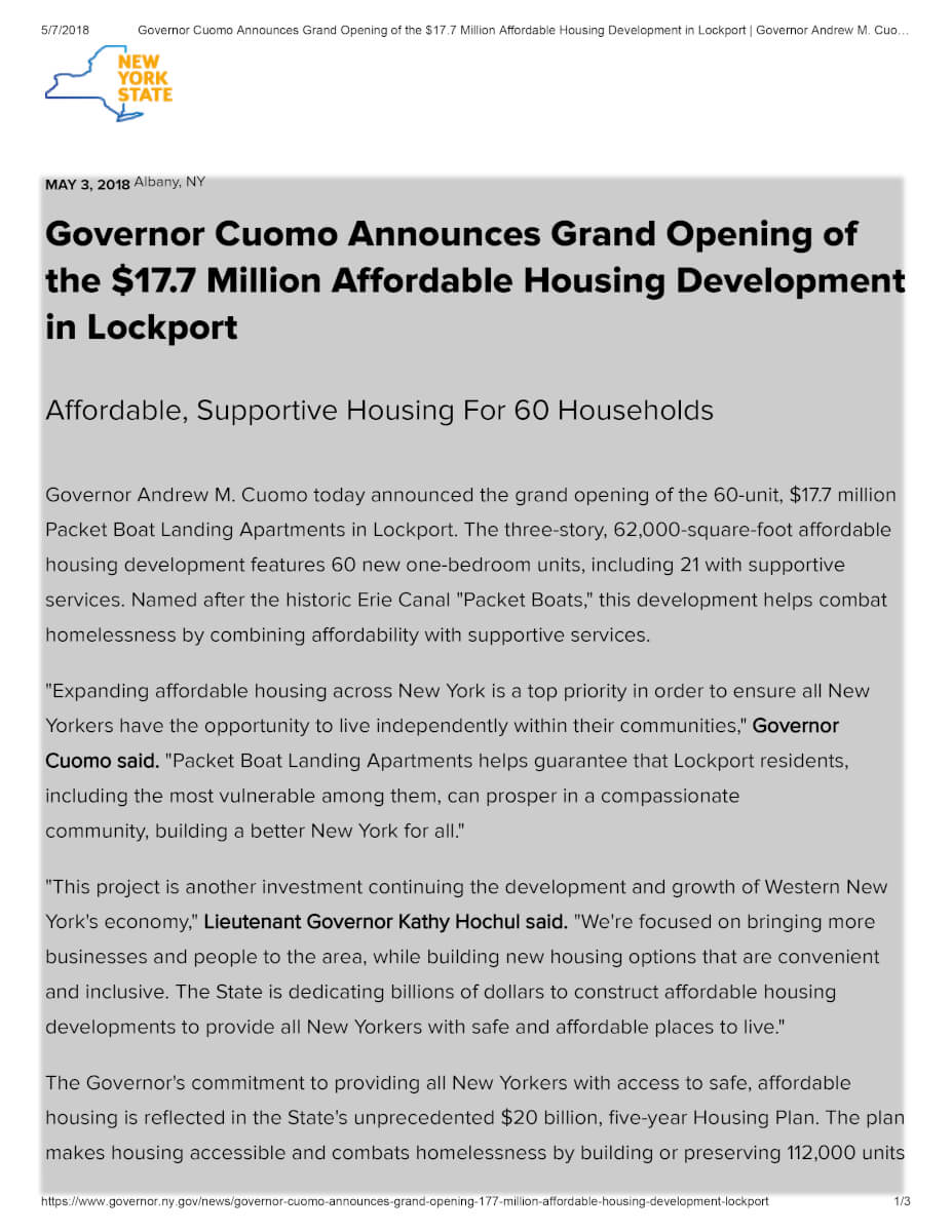 Governor Cuomo Announces Grand Opening Of The $17 Million Affordable Housing Development In Lockport Governor Andrew M. Cuomo