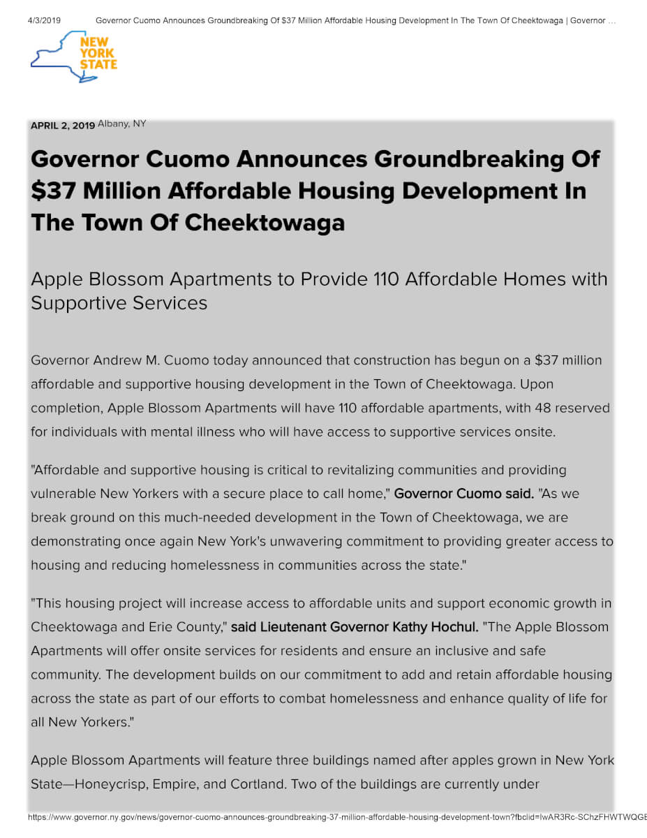 Governor Cuomo Announces Groundbreaking Of $37 Million Affordable Housing Development In The Town Of Cheektowaga Governor Andrew M