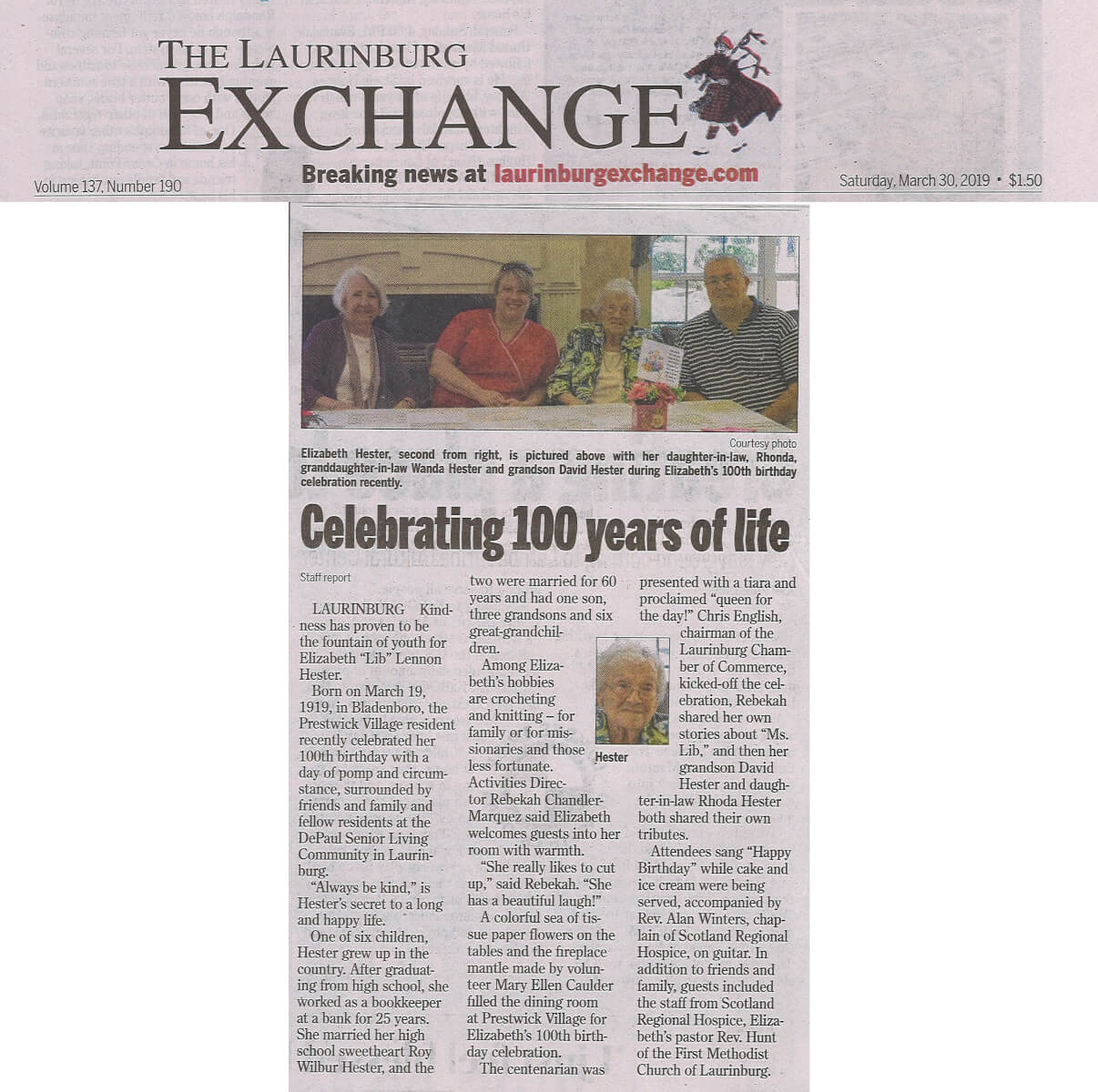 Prestwick Village Centenarian, 3.30.19 Laurinburg Exchange