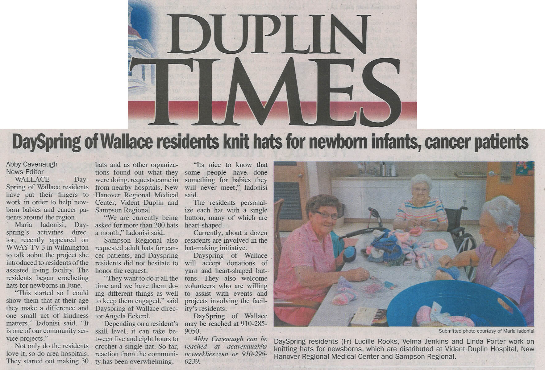 Dayspring Hat Donation, Duplin Times 9.5.19