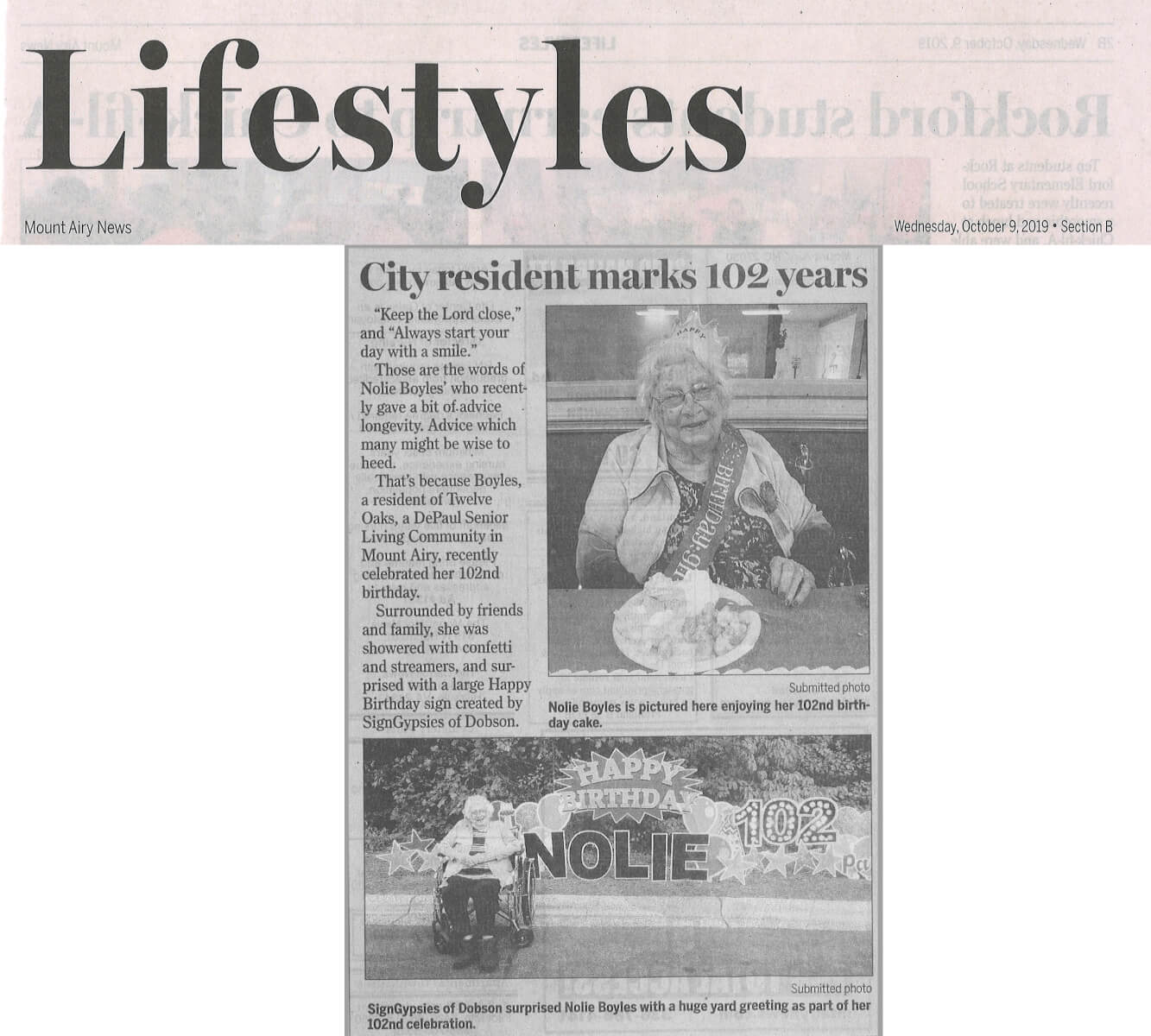 Twelve Oaks Residents Marks 102 Years (Mt. Airy News October 9, 2019