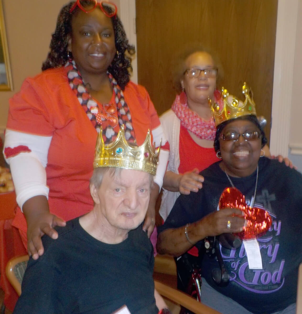 Greenbrier’s Valentine’s Day king and queen Edsel Boone and Mary Sinclair, pictured with Activities Directors Vernessa Smith and Antionetta Fulmore