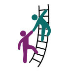 Two people climbing up a ladder
