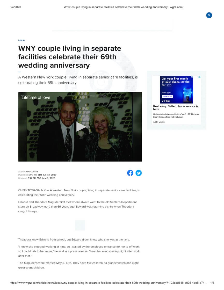 WNY Couple Living In Separate Facilities Celebrate Their 69th Wedding Anniversary Wgrz.com 1