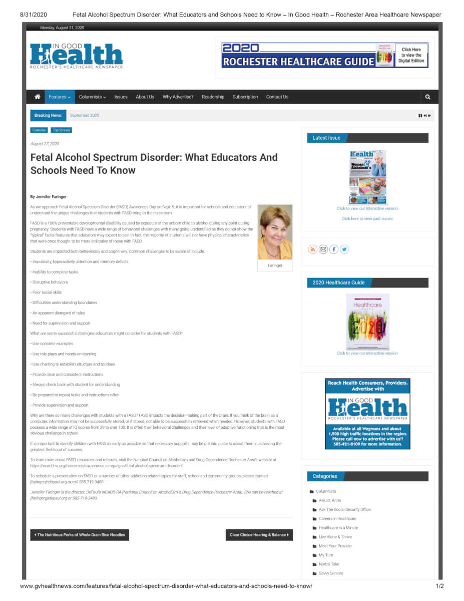 Fetal Alcohol Spectrum Disorder What Educators And Schools Need To Know – In Good Health – Rochester Area Healthcare Newspaper