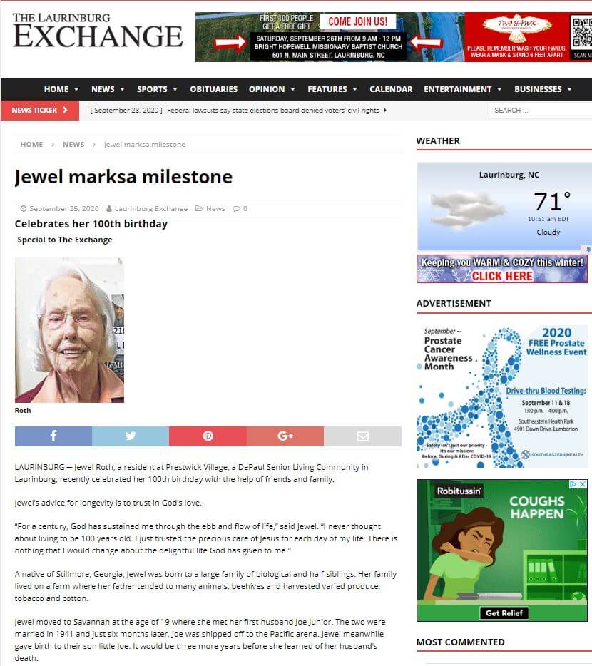 Article in the Laurinburg Exchange celebrating Jewel's 100th Birthday at Prestwick Village