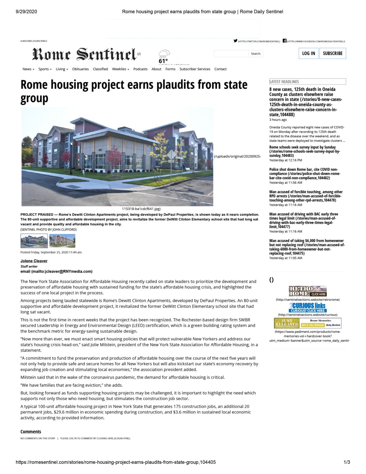 Rome housing project earns plaudits from state group (Rome Sentinel