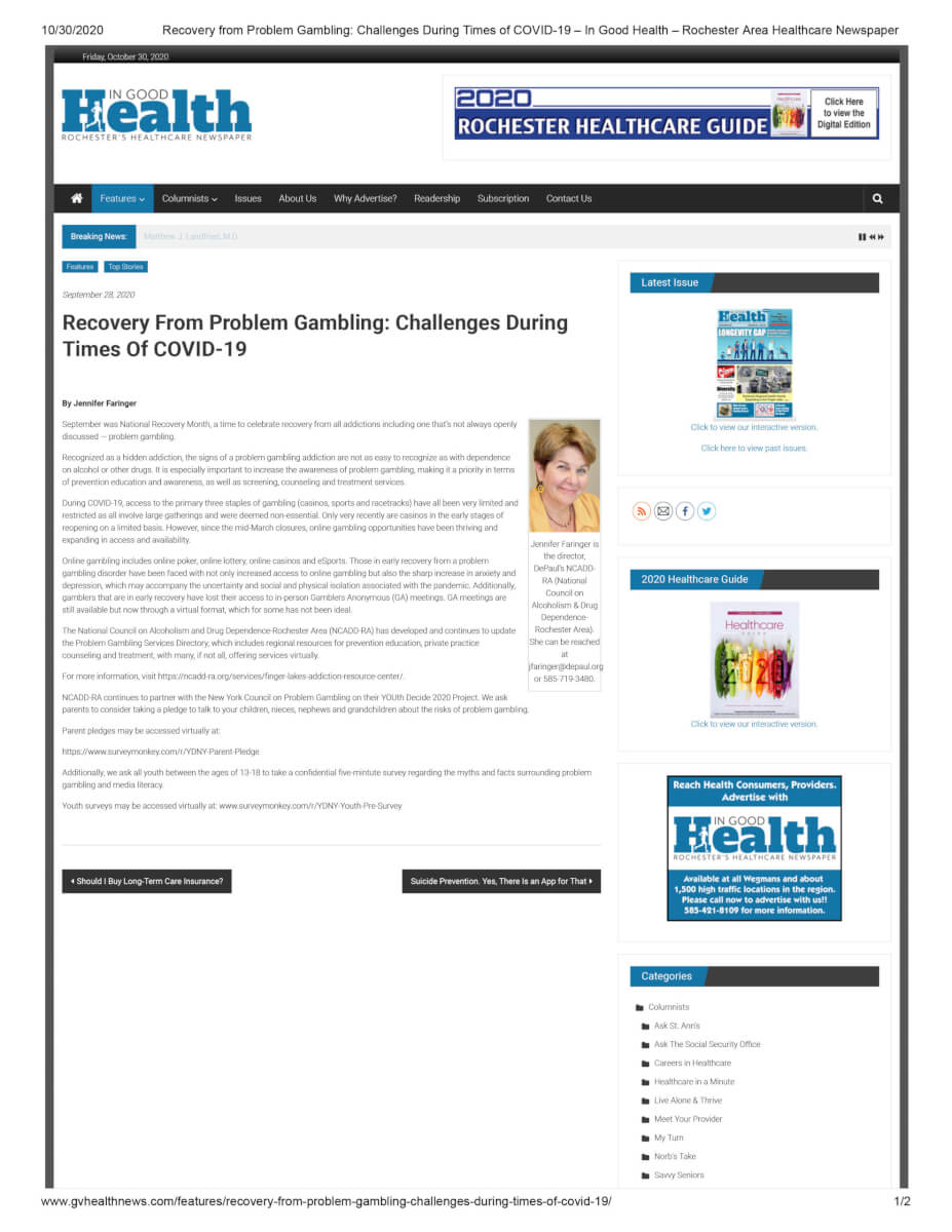 Recovery From Problem Gambling Challenges During Times Of COVID 19 – In Good Health – Rochester Area Healthcare Newspaper