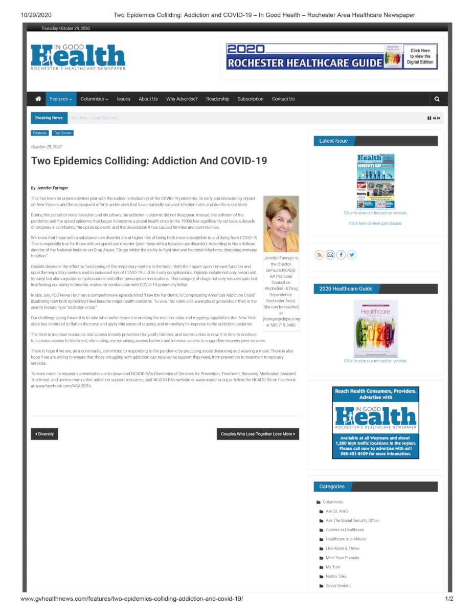 Two Epidemics Colliding Addiction And COVID 19 – In Good Health – Rochester Area Healthcare Newspaper 1