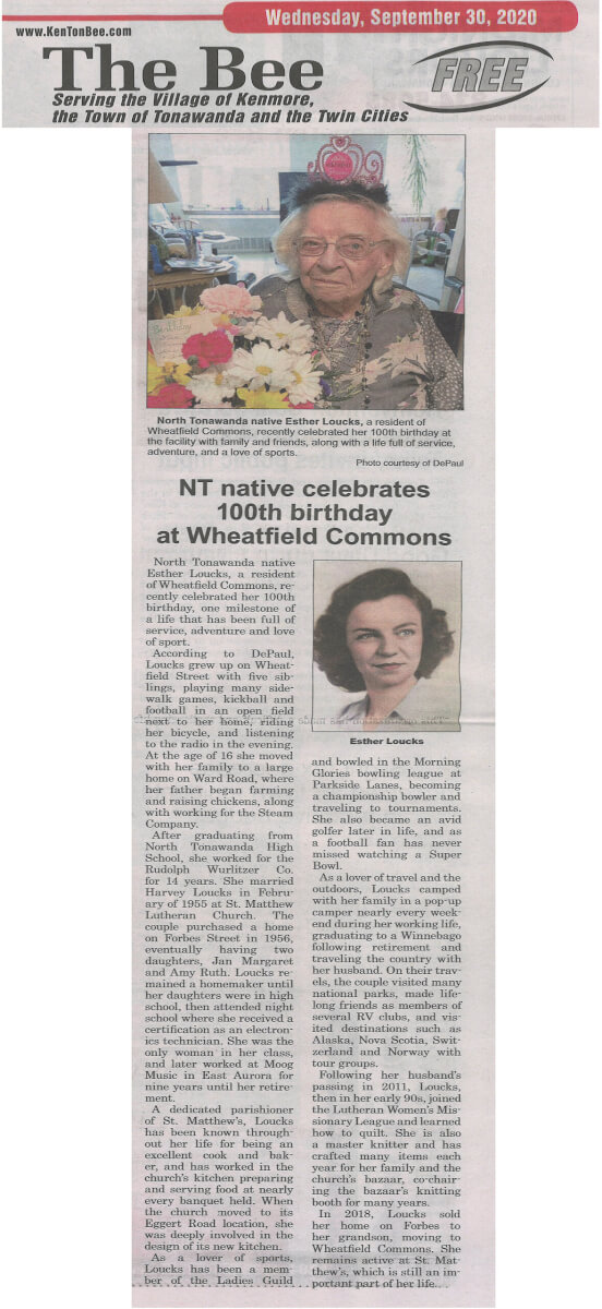 Wheatfield Commons Ester Loucks 100th, 9.30.20 KenTon Bee
