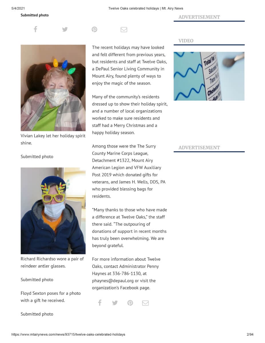 Twelve Oaks Celebrates the Holidays (Mt. Airy News January 19, 2021