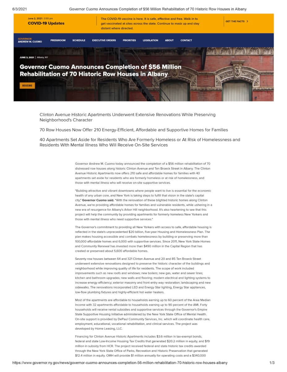 Governor Cuomo Announces Completion Of $56 Million Rehabilitation Of 70 Historic Row Houses In Albany 1