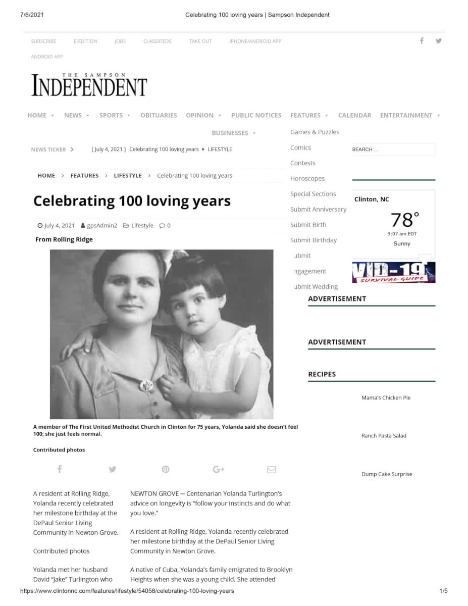 Celebrating 100 Loving Years, 7.6.21 Sampson Independent 1