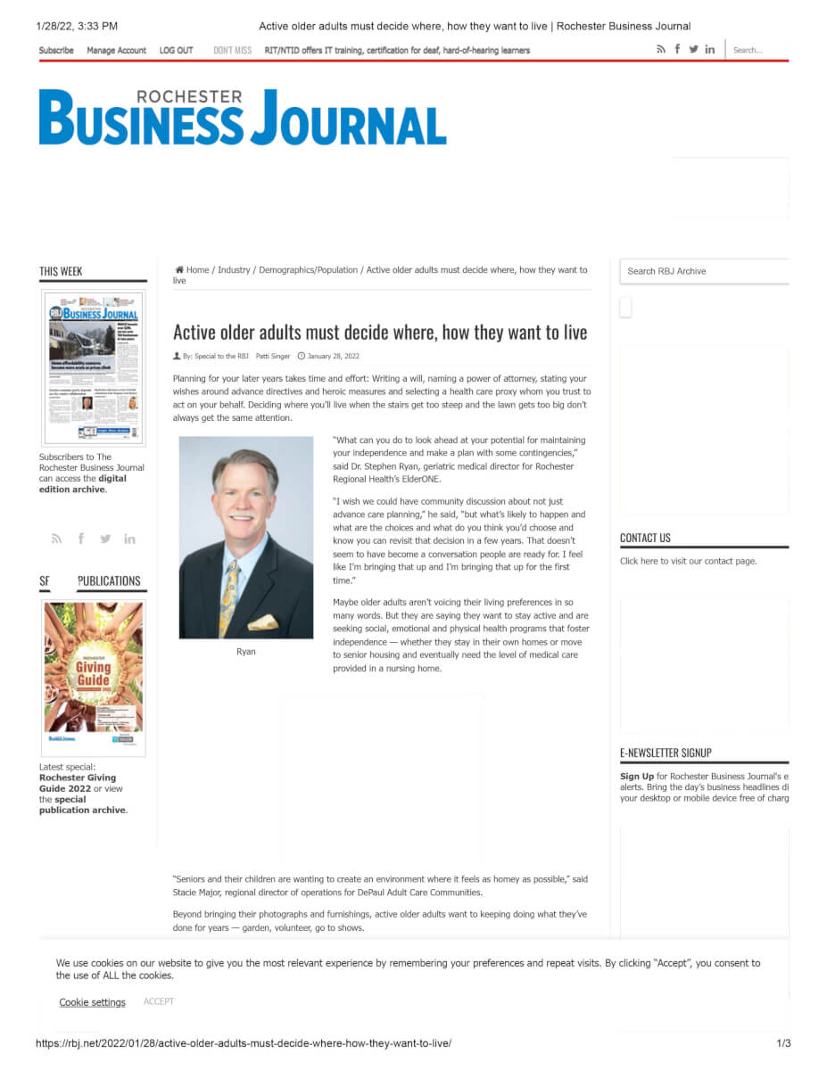 Active Older Adults Must Decide Where, How They Want To Live, 1.28.22Rochester Business Journal 1