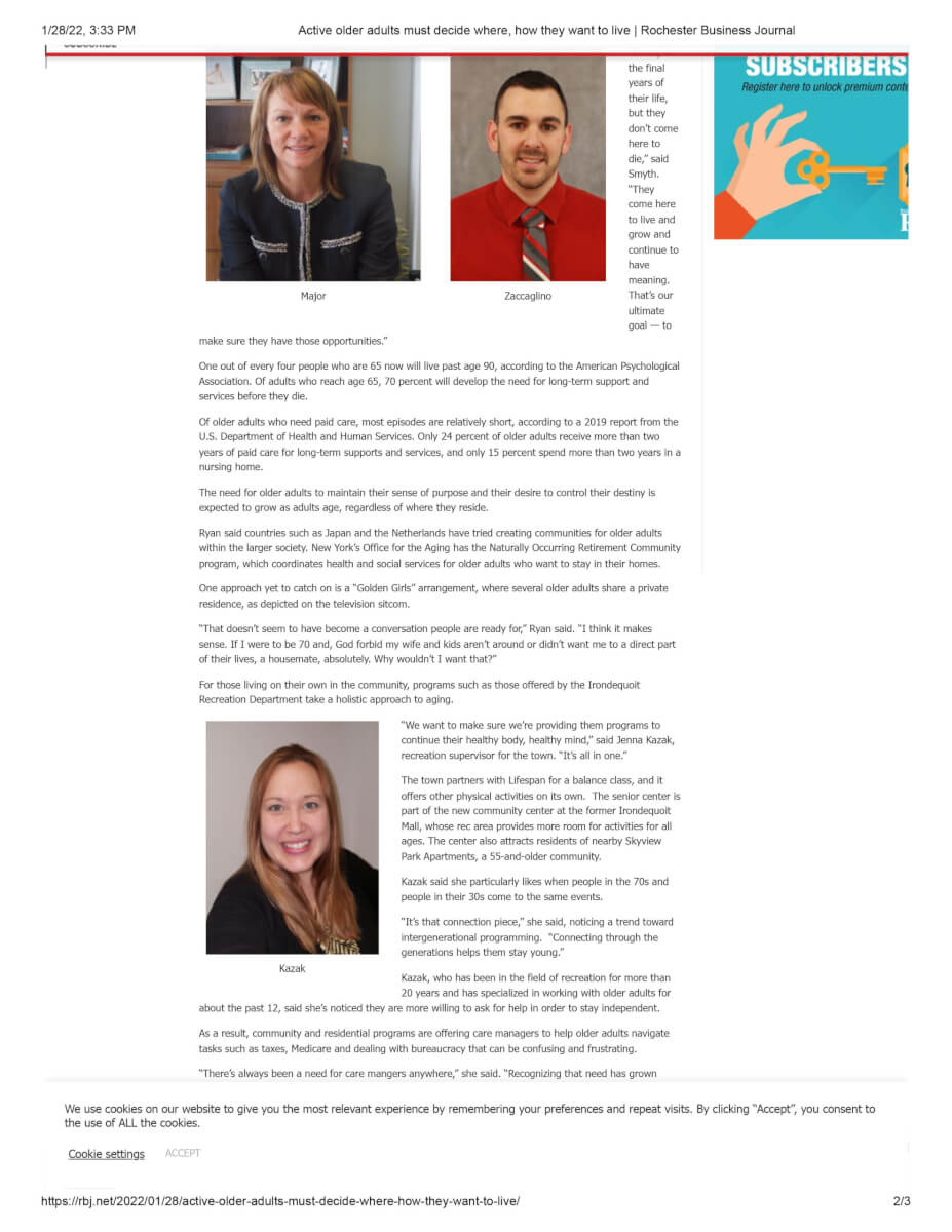 Active Older Adults Must Decide Where, How They Want To Live, 1.28.22Rochester Business Journal 2
