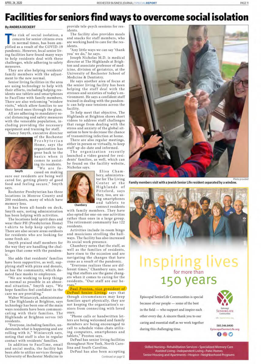 Facilities For Seniors Find Ways To Overcome Social Isolation RBJ April 24 2020 1