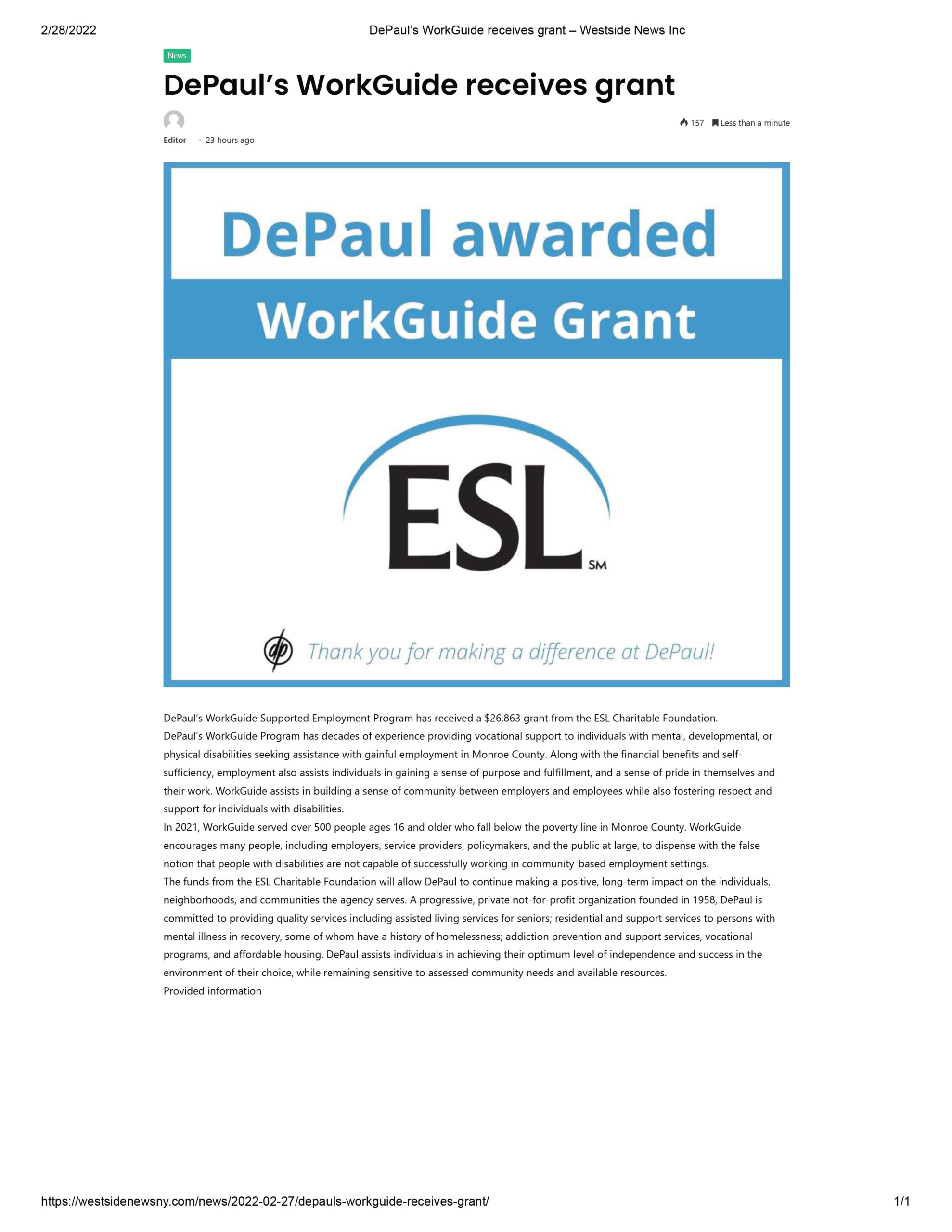 DePaul’s WorkGuide Receives Grant – Westside News Inc