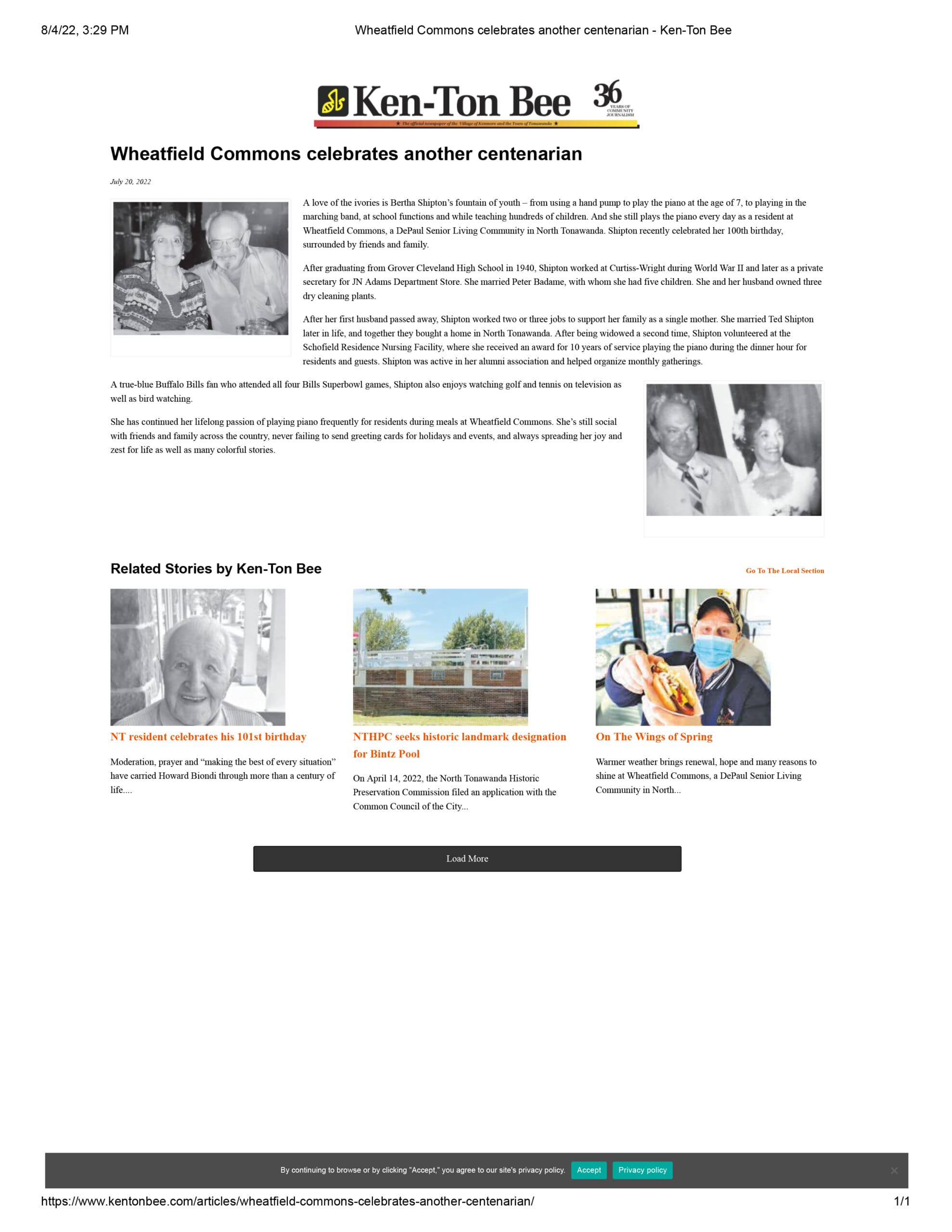 Wheatfield Commons Celebrates Another Centenarian Ken Ton Bee