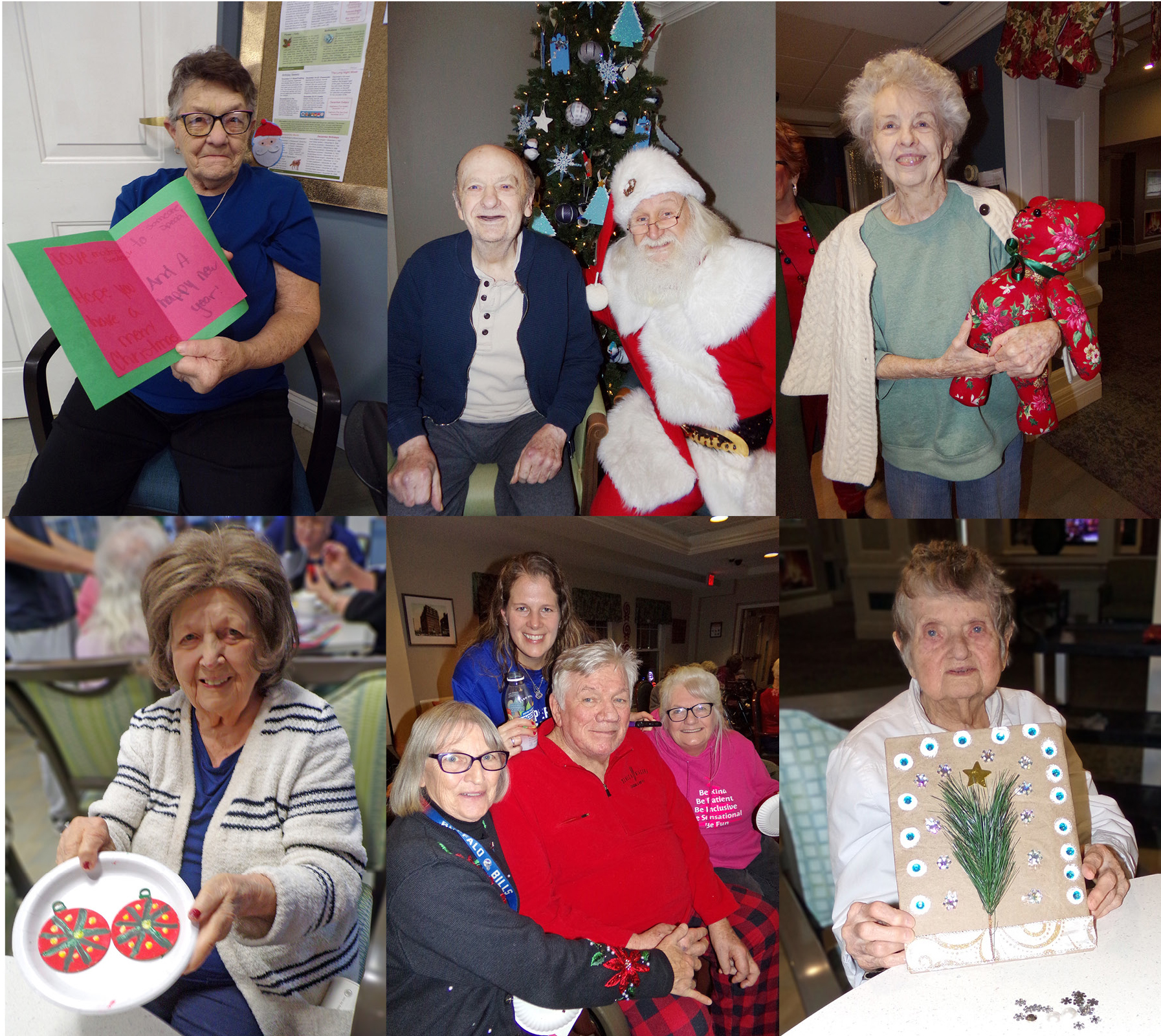 Resident displays homemade holiday card; resident poses with Santa; resident holding stuffed teddy bear; resident displaying homemade ornaments; resident surrounded by family; resident displays art project