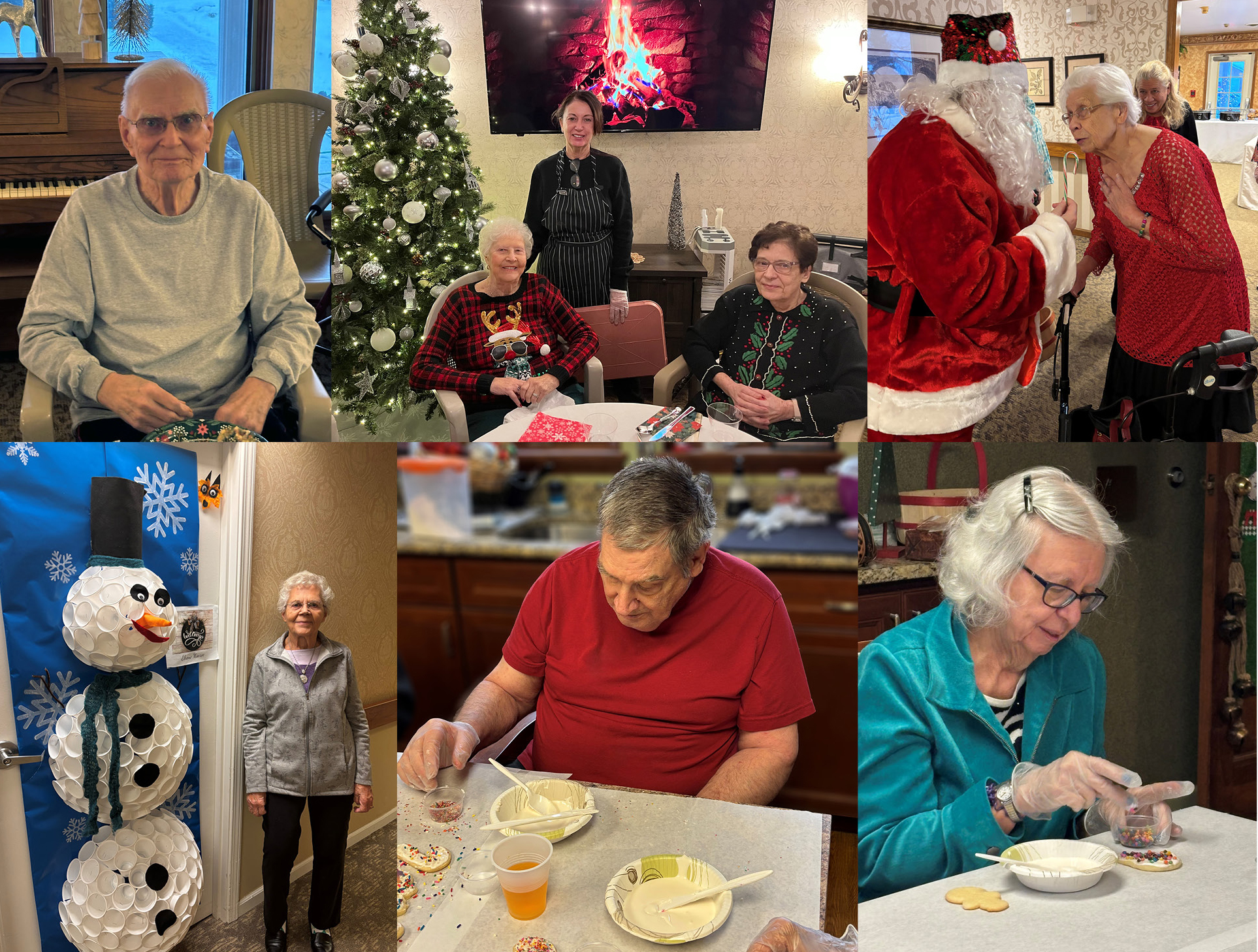 Resident seated in front of piano; resident and staff next to Christmas tree; resident talking with Santa; resident posed with door decorations; residents frost cookies