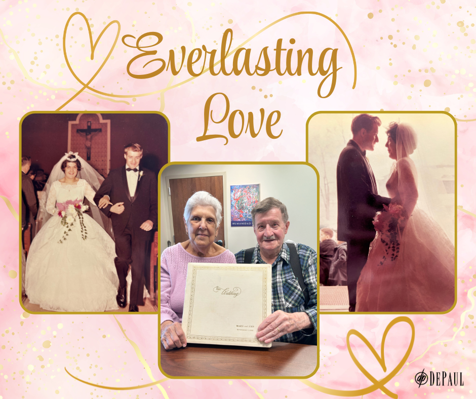 Couple walking down aisle at their wedding; couple holding wedding photo album; couple facing one another at their wedding