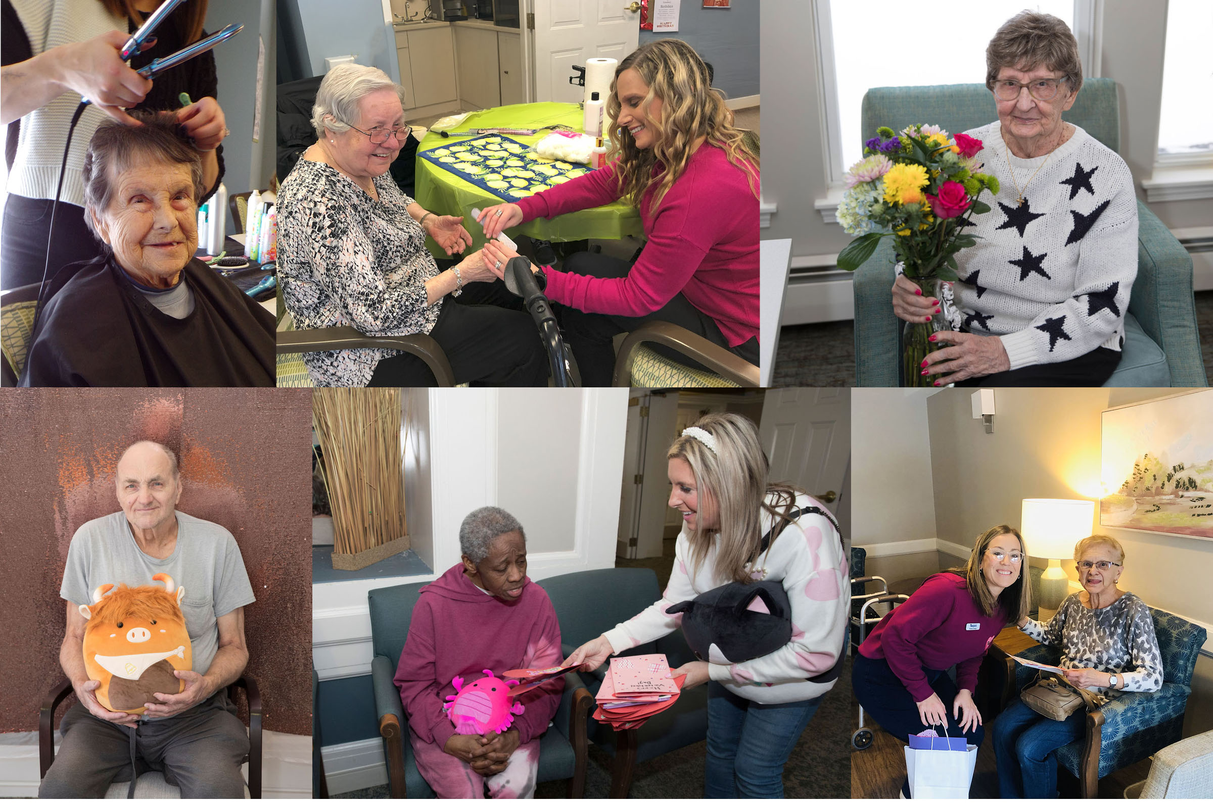 Resident getting hair styled; resident getting nails painted; resident holding flowers; resident holding stuffed animal; residents being presented with Valentine's Day cards