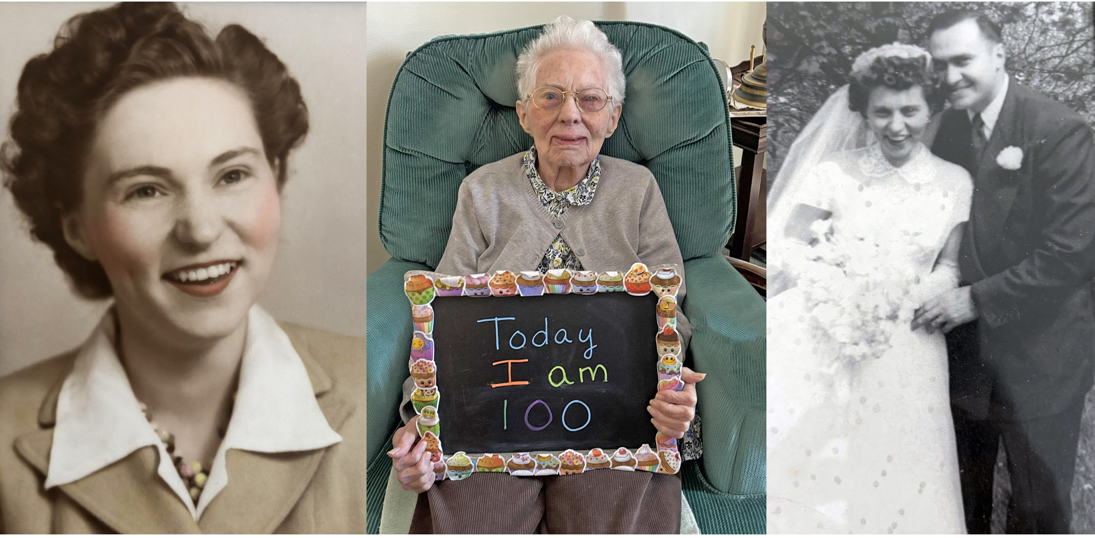 Older photo of resident; photo of resident holding a chalkboard sign; photo of couple at at wedding