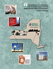Pale green background with DePaul logo on tan New York State map and quote images