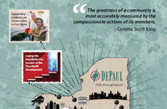 Pale green background with DePaul logo on tan New York State map and two quote images