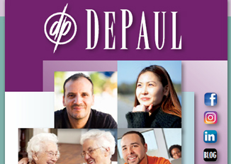 Purple cover of brochure with smiling photos of residents