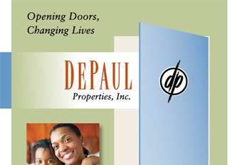 Green and blue cover of brochure with DePaul logo on door