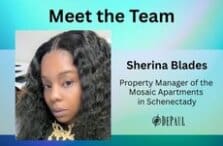 Blue and purple gradient background with photo of Sherina Blades