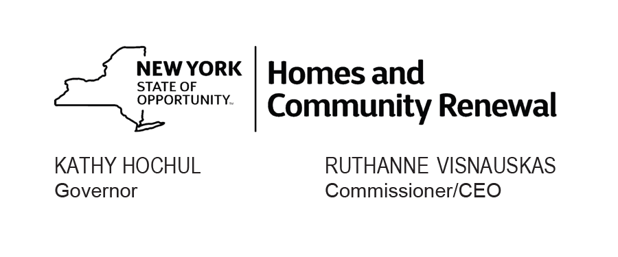 Logo for New York State Homes and Community Renewal with state outline, names Kathy Hochul as Governor and RuthAnne Visnauskas as Commissioner/CEO.