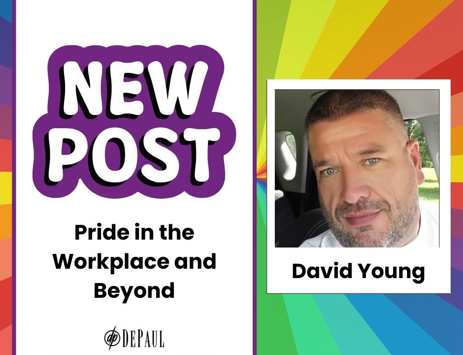 New post Pride in the Workplace and Beyond rainbow background with photo of David Young