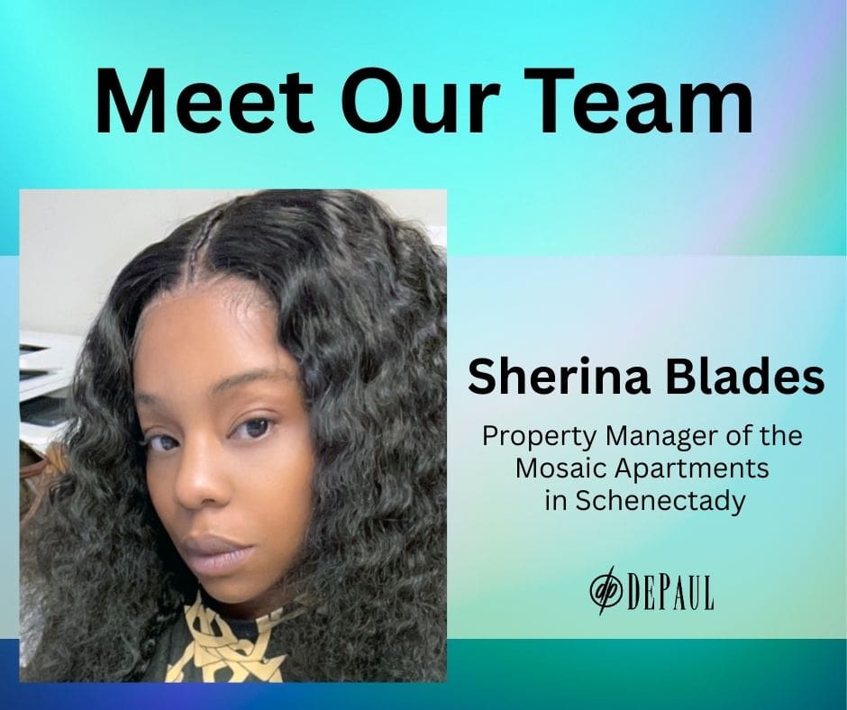 Blue and purple gradient background with photo of Sherina Blades.