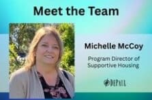 Blue and purple gradient background with photo of Michelle McCoy and text Program Director of Supportive Housing plus black DePaul logo at bottom