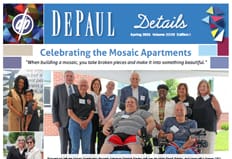 Newsletter cover with bold blue title bar reading DePaul Details and photos of Mosaic Apartments open house