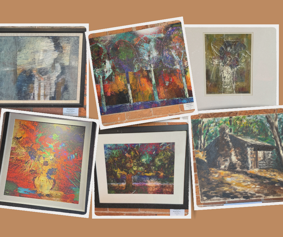 Collage of six abstract paintings in frames