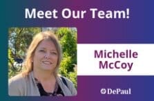 A woman smiling outdoors next to text that says “Meet Our Team! Michelle McCoy” and a DePaul logo, on a purple and blue gradient background.