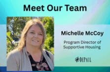 Blue and purple gradient background with photo of Michelle McCoy and text Program Director of Supportive Housing plus black DePaul logo at bottom.